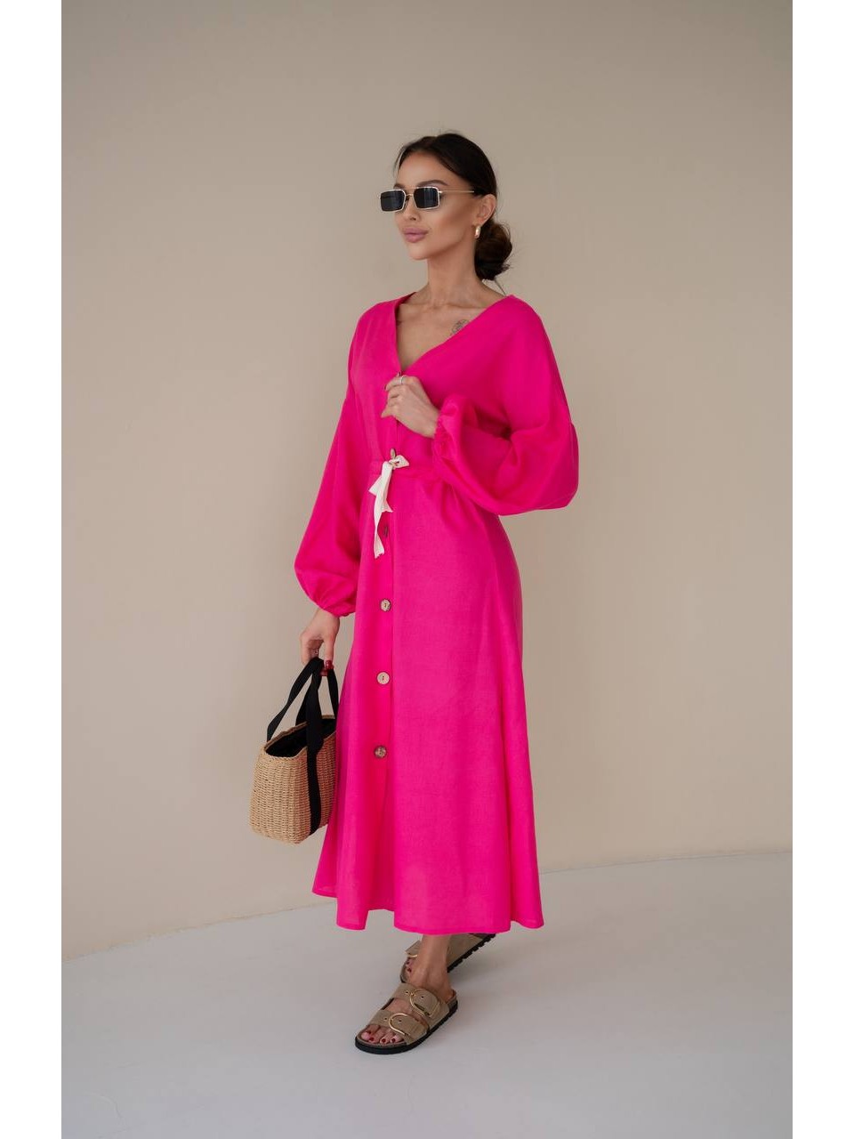 Льняна сукня на гудзиках малинового кольору 31883