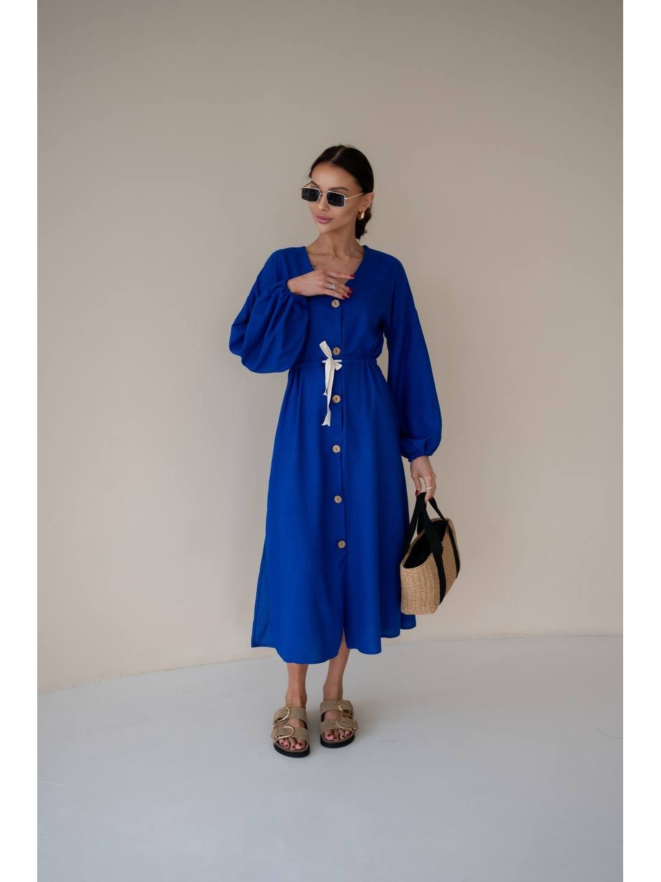 Льняна сукня на гудзиках синього кольору 31882