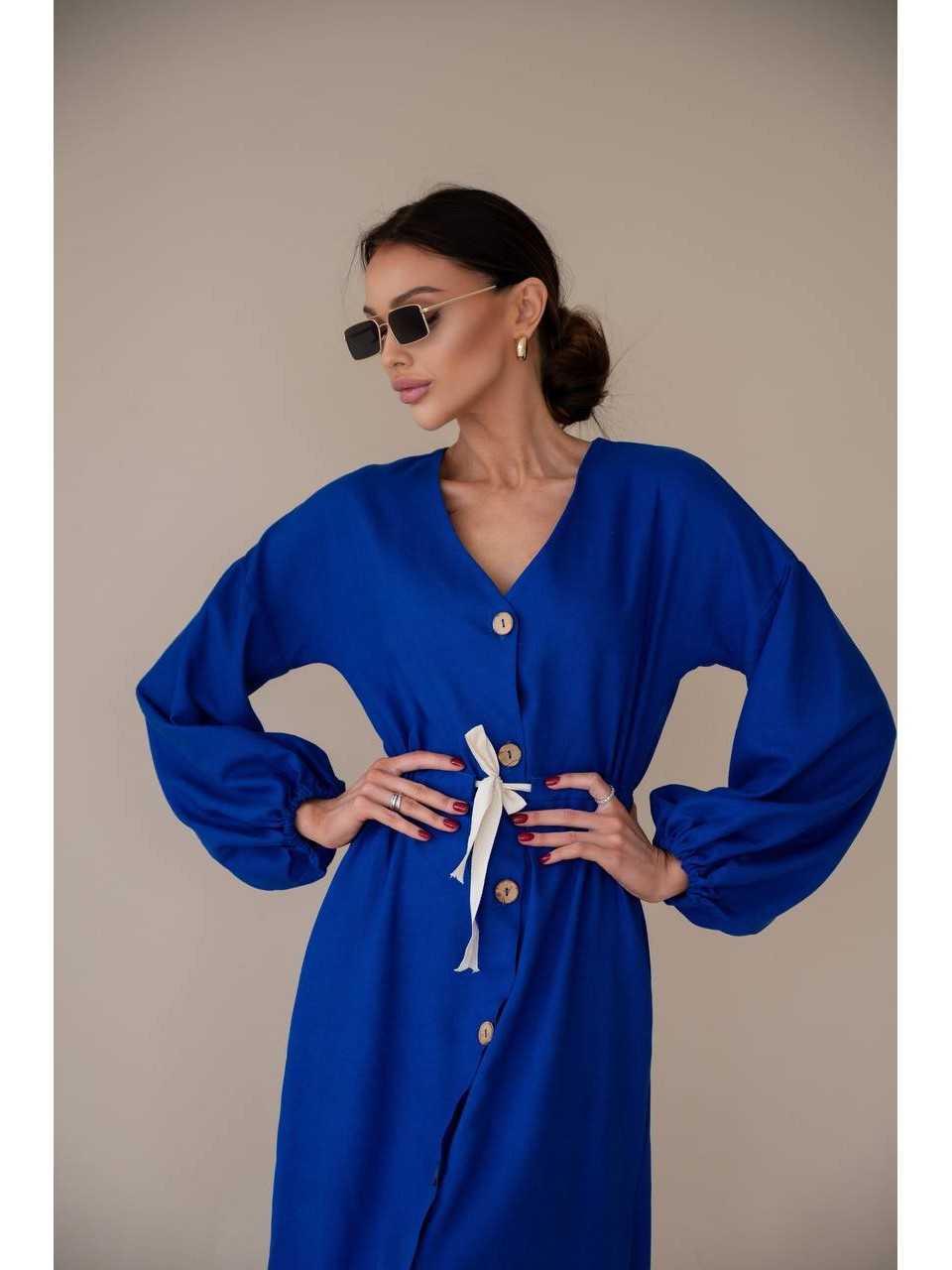 Льняна сукня на гудзиках синього кольору 31882