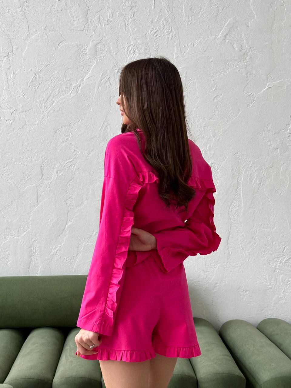 Льняной костюм 2-ка шорты+рубашка малинового цвета 28216