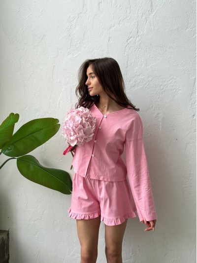 Льняний костюм 2-ка шорти+сорочка рожевого кольору 28215