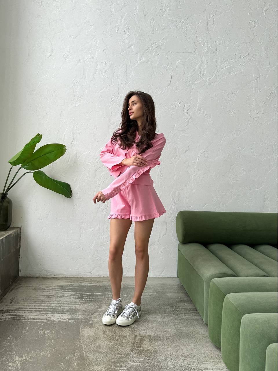 Льняний костюм 2-ка шорти+сорочка рожевого кольору 28215