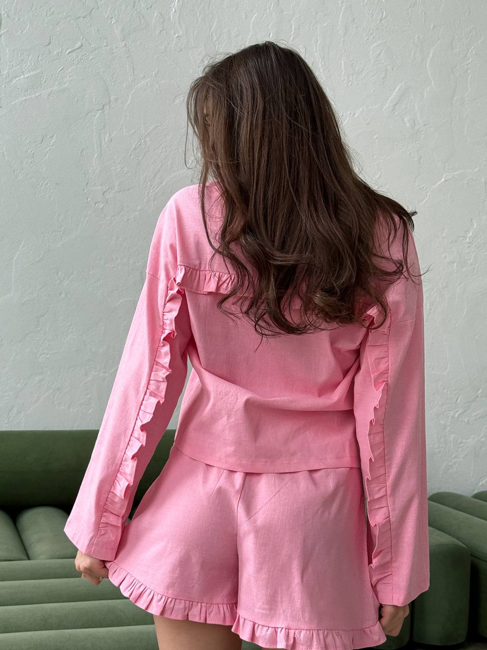 Льняний костюм 2-ка шорти+сорочка рожевого кольору 28215