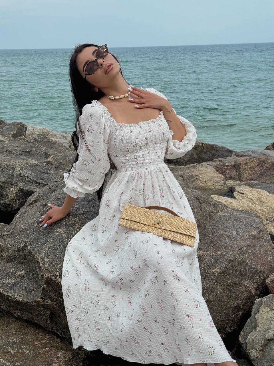 Муслиновое платье макси молочного цвета 33723