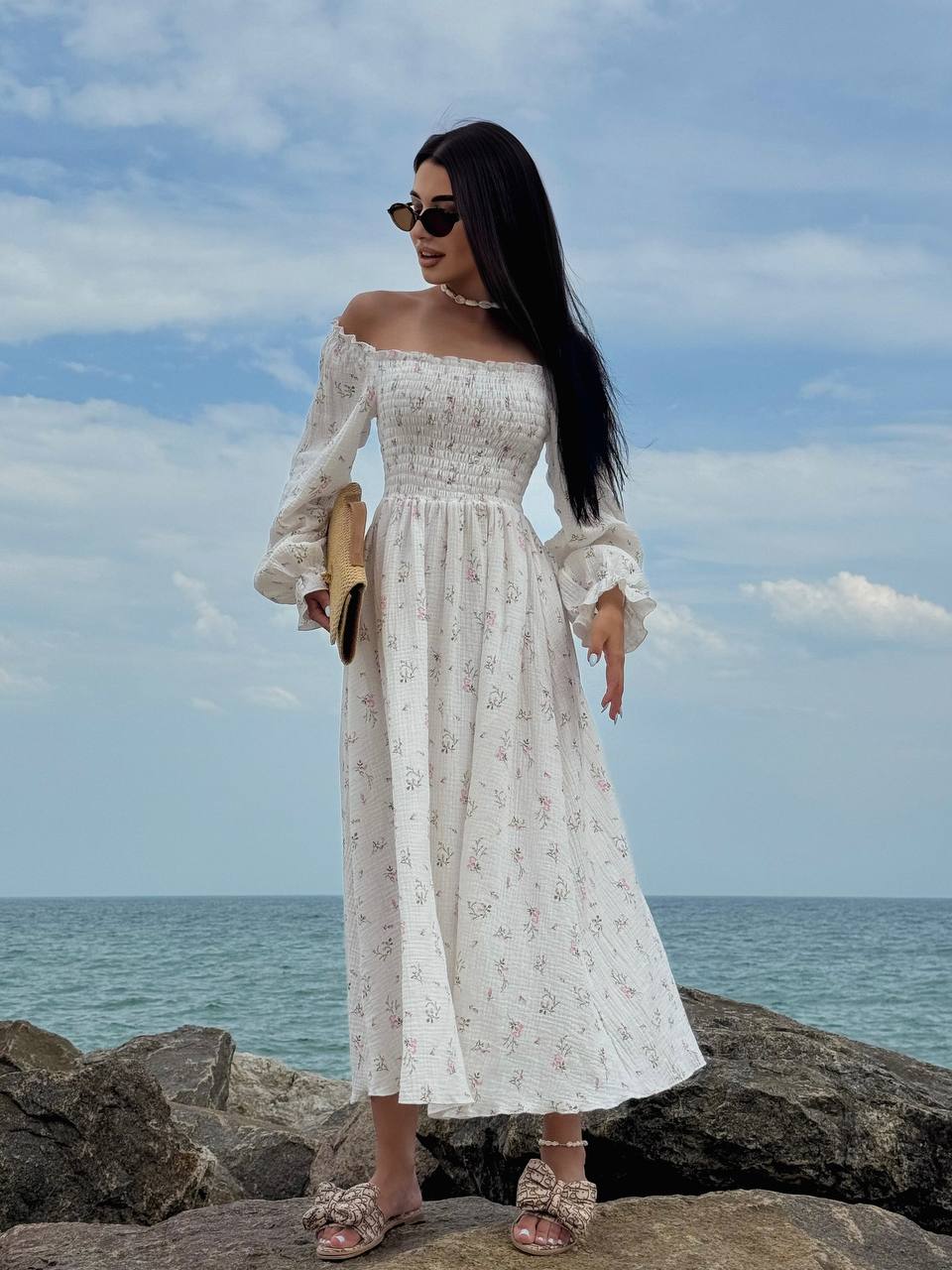 Муслиновое платье макси молочного цвета 33723