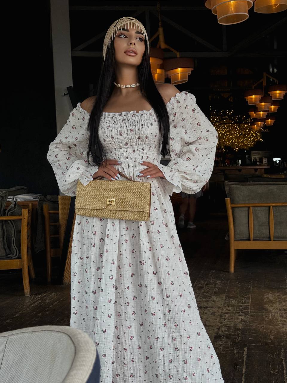 Муслиновое платье макси в букет молочного цвета 33722