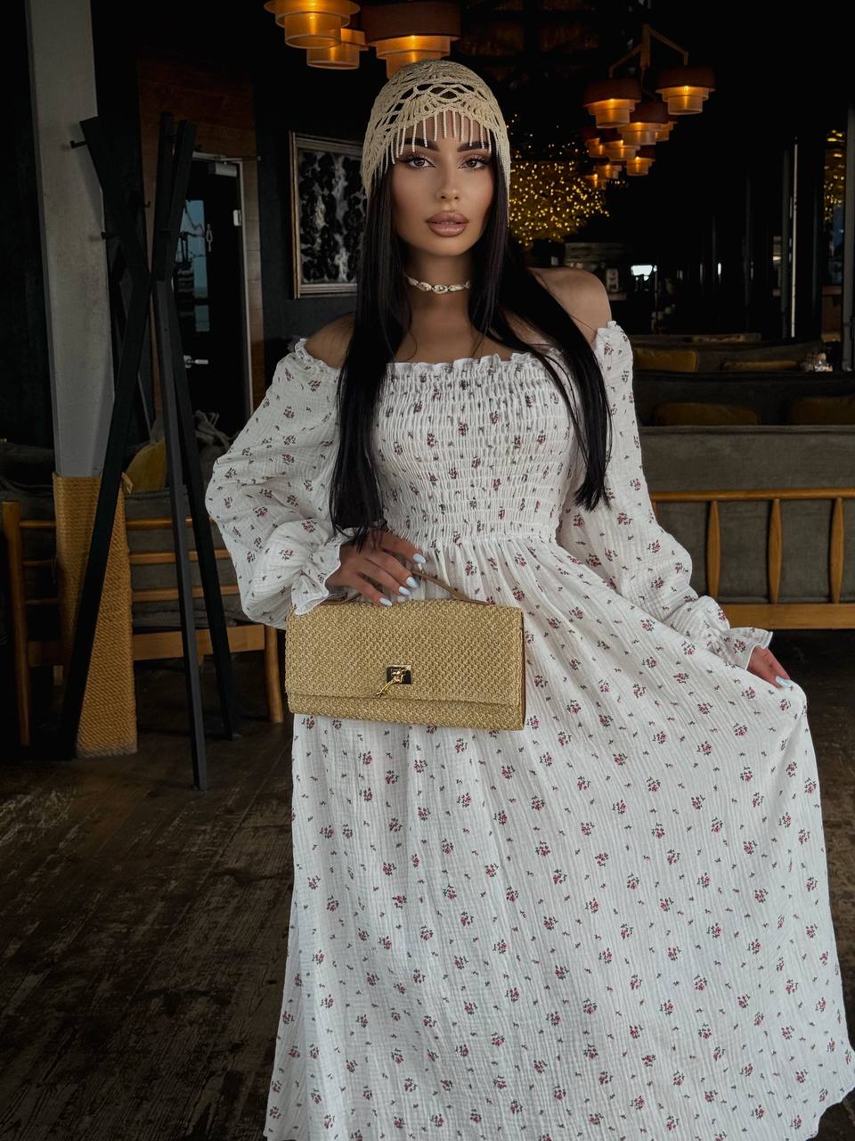 Муслиновое платье макси в букет молочного цвета 33722