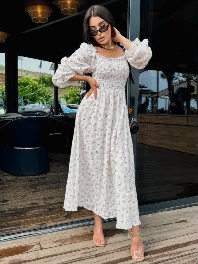 Муслинова сукня максi в квiтку молочного кольору 33721