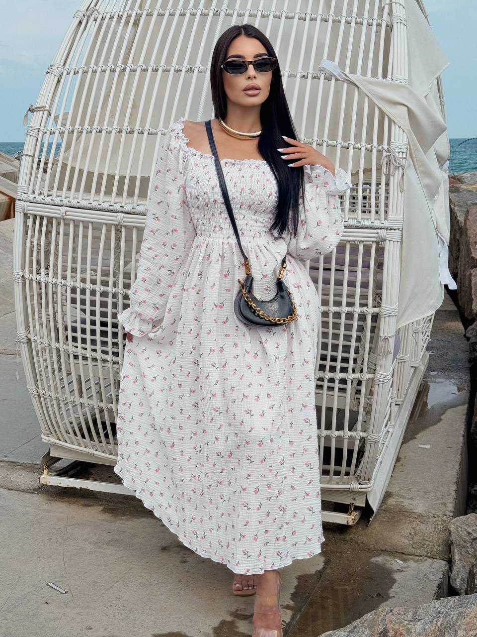 Муслиновое платье макси в цветок молочного цвета 33721