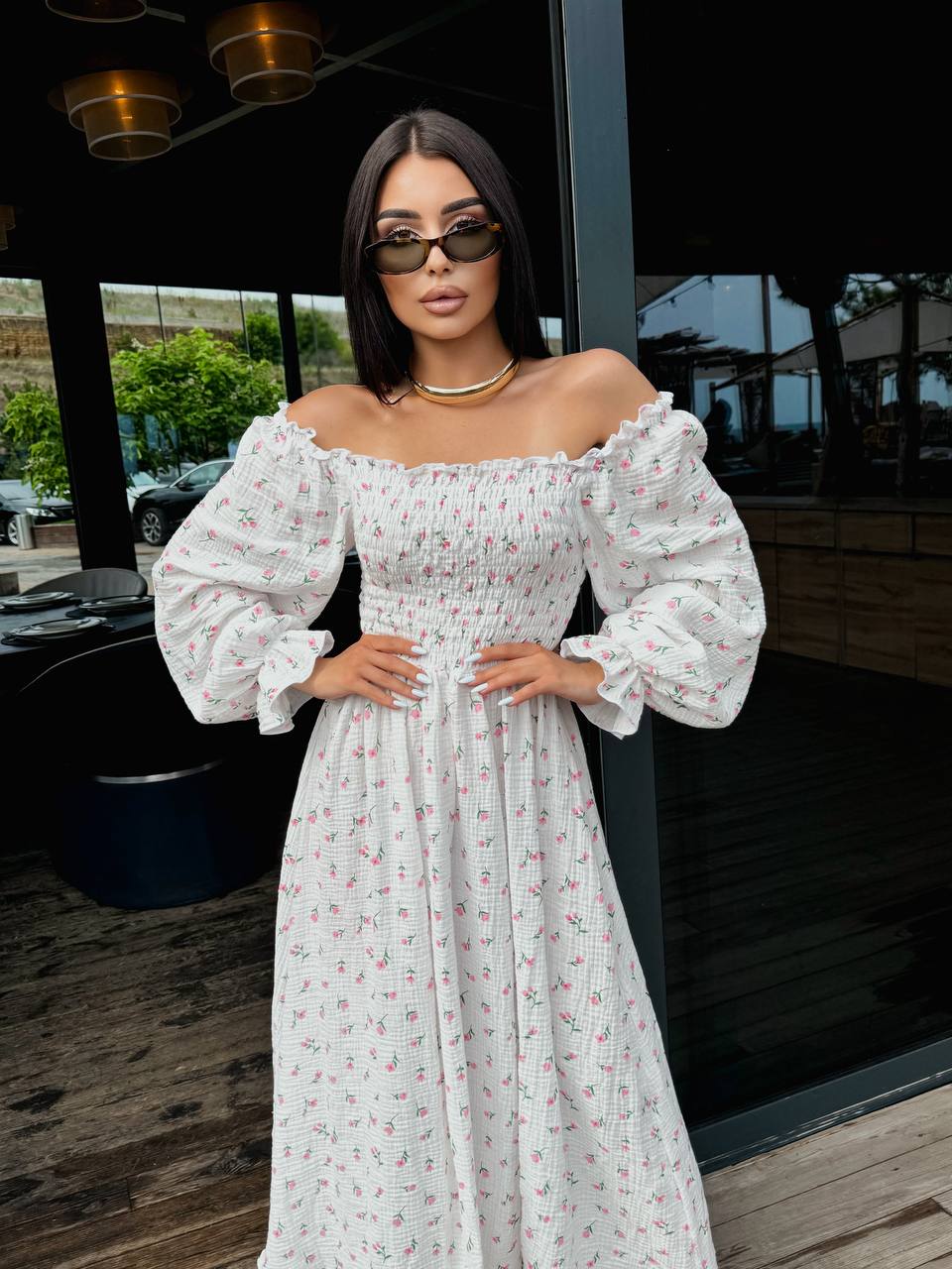 Муслиновое платье макси в цветок молочного цвета 33721