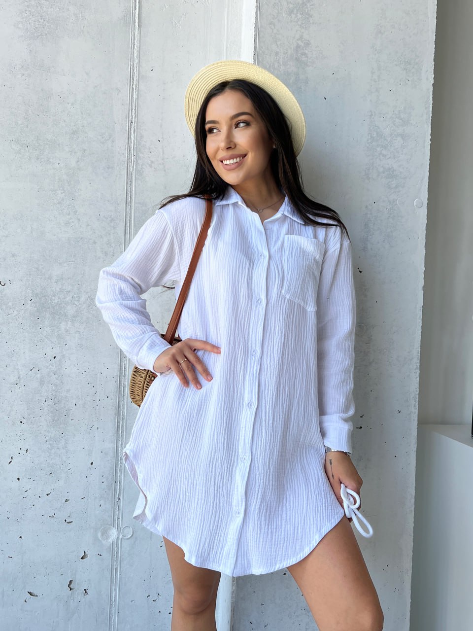 Муслиновое платье-рубашка молочного цвета 32815