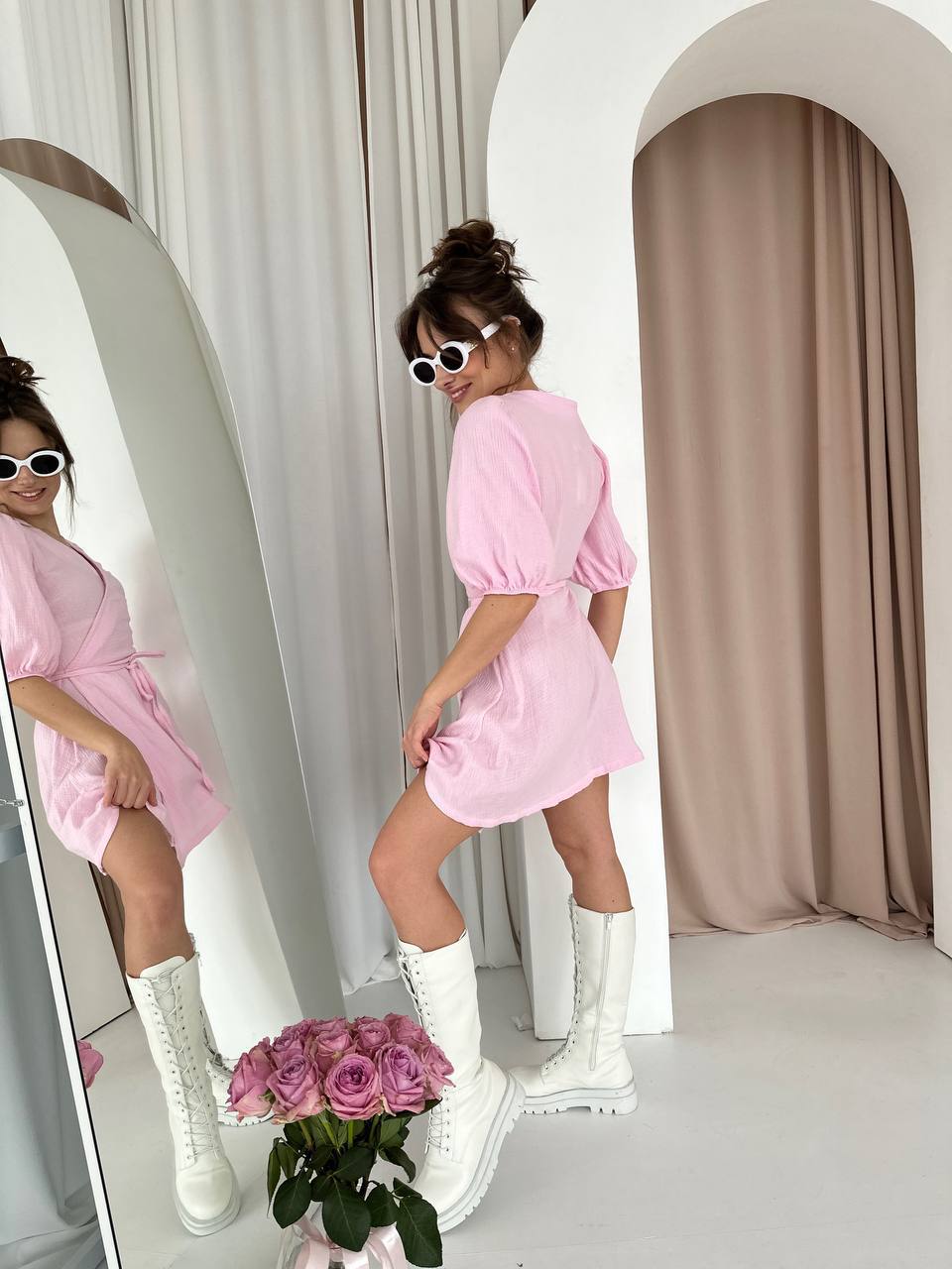 Муслиновый сарафан на запах розового цвета 33328