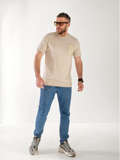 Чоловіча футболка з написом бежевого кольору 33359