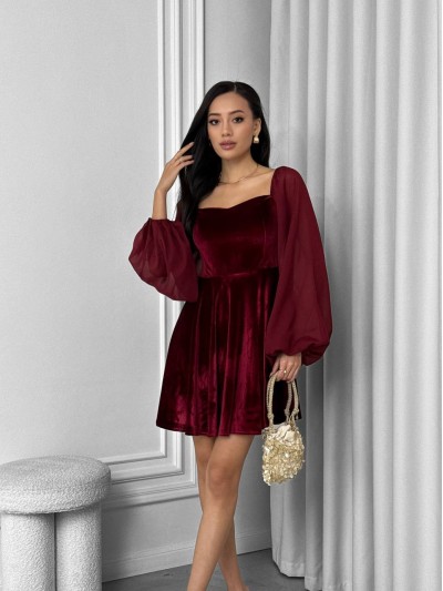 Ошатна оксамитова сукня бордового кольору 30140