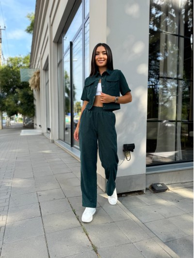 Женский прогулочный костюм из микро-вельвета изумрудного цвета 28721