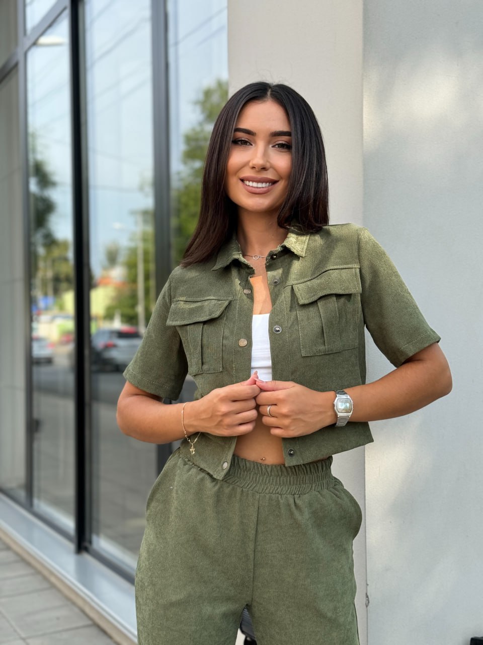 Жіночий прогулянковий костюм з мікро-вельвету кольору хакi 28725