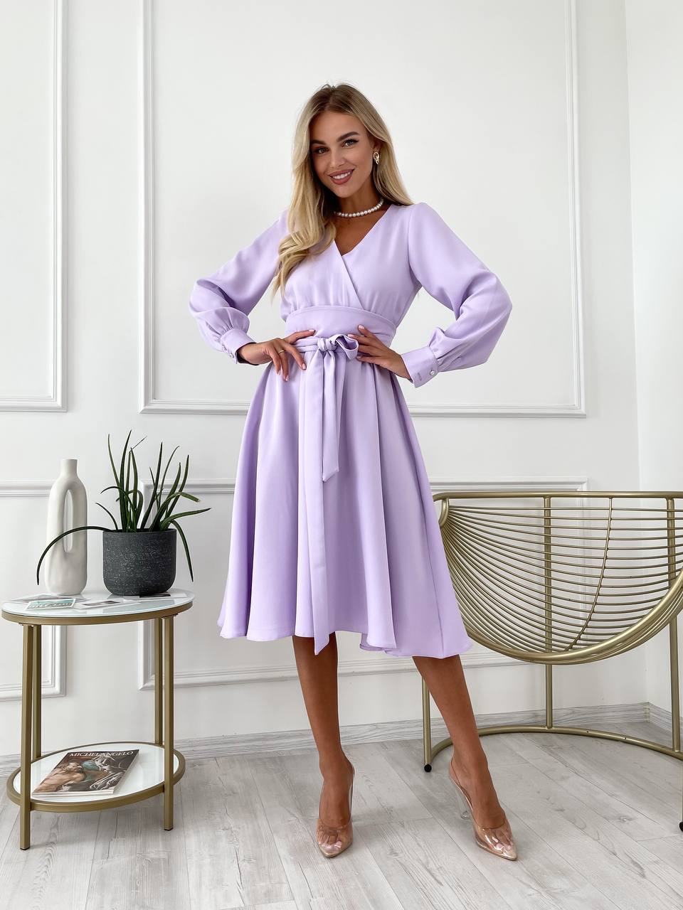 Платье миди с поясом, лавандового цвета 24228