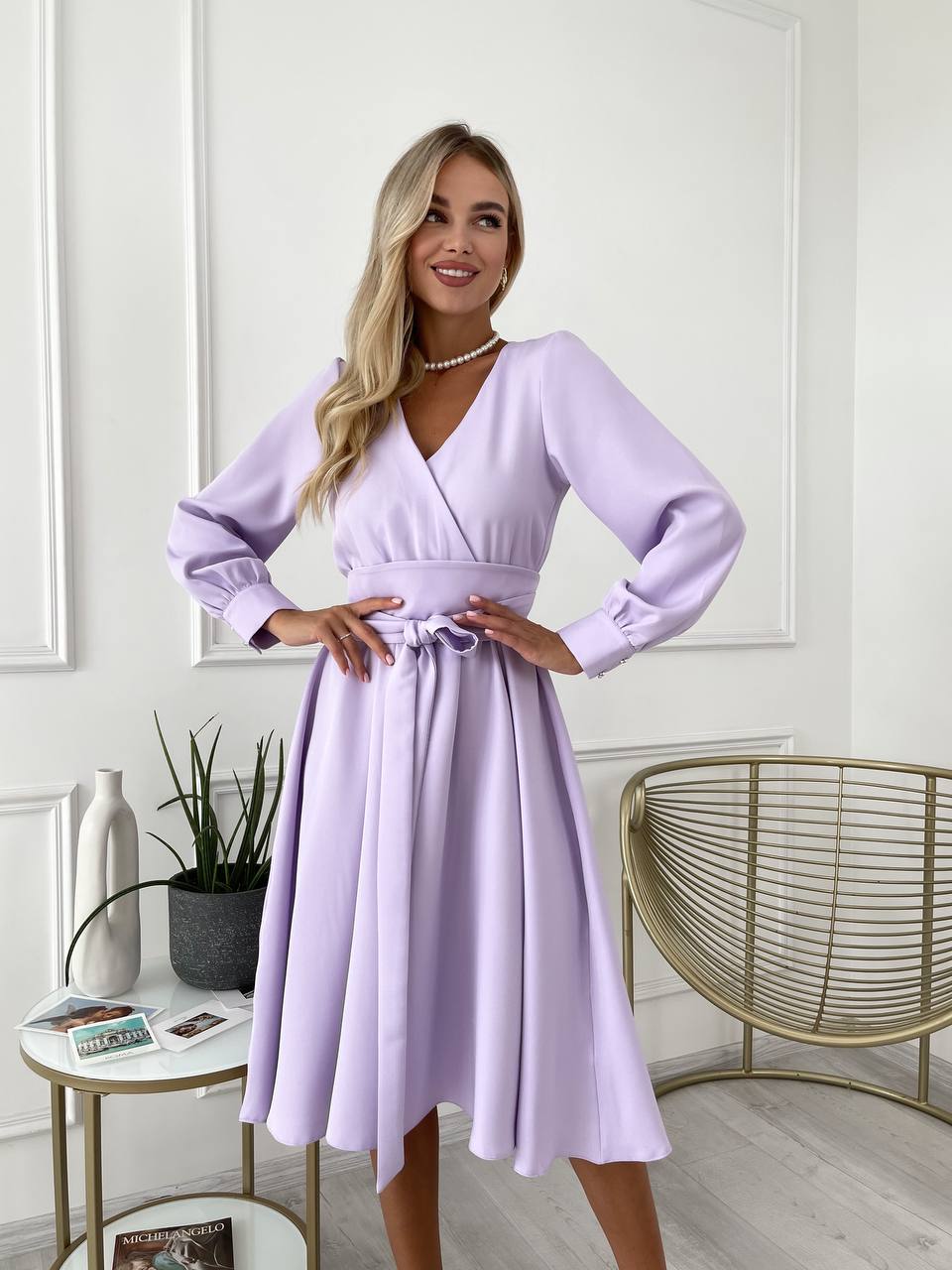 Платье миди с поясом, лавандового цвета 24228
