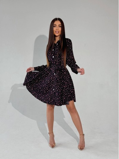Платье-рубашка клеш с поясом в цветок черного цвета 32505