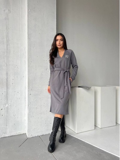 Платье с поясом на флисе графитового цвета 29377