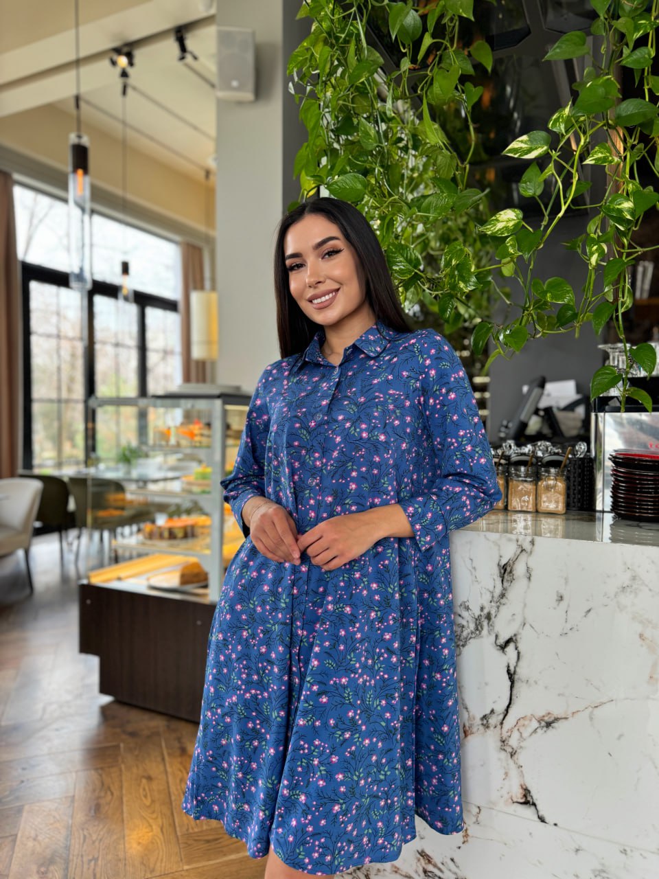 Платье с поясом синего цвета 26883