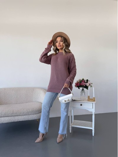 Подовжиний жіночий светр пудрового кольору 34275