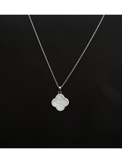 Підвіска біла Конюшина з ланцюжком срібного кольору 33459