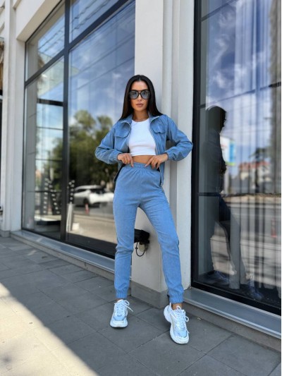 Прогулянковий костюм з мікро-вельвету на блискавцi блакитного кольору 32335