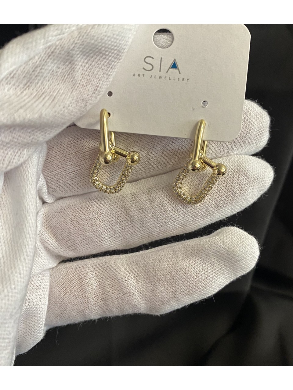 Серьги 2в1 с камушками английский замок золотого цвета 33746