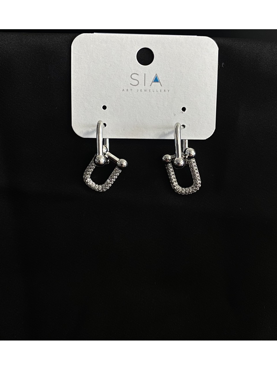 Сережки 2в1 з камінцями англійський замок срібного кольору 33745