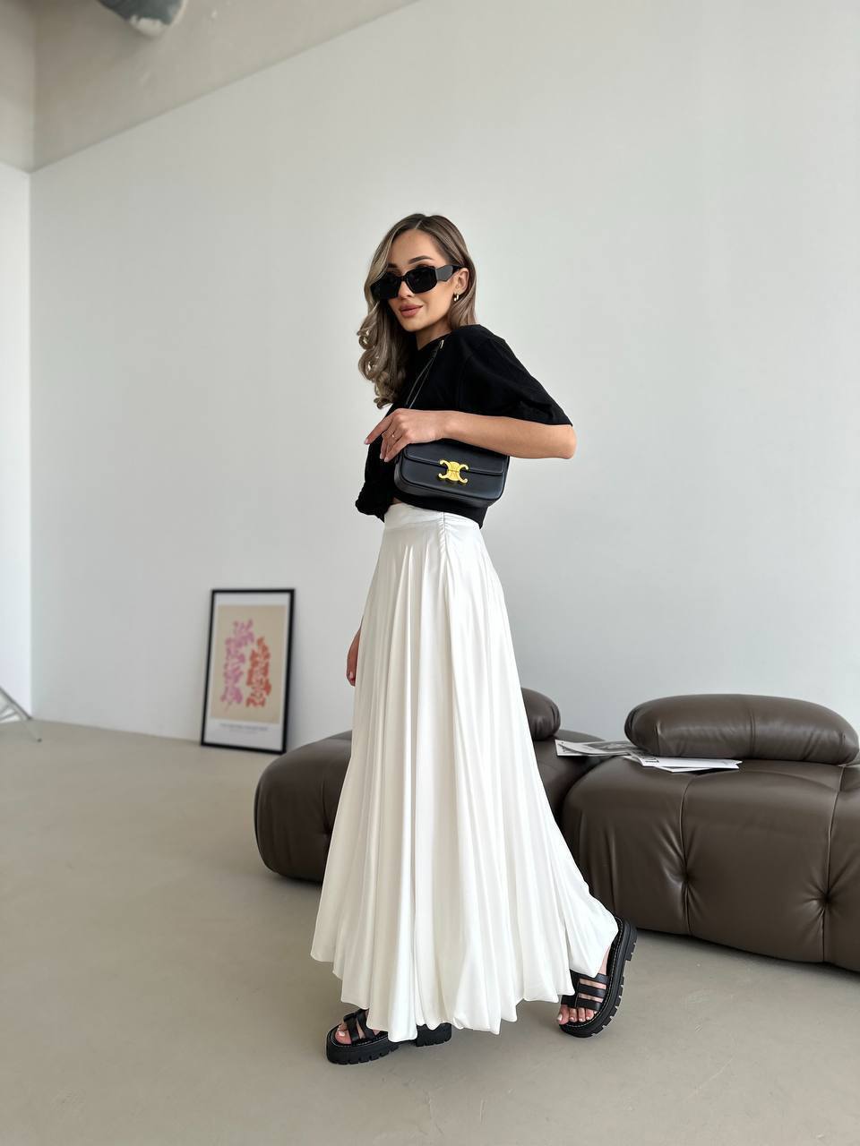 Довга шовкова спідниця молочного кольору 32981