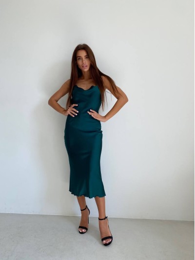 Шовкова сукня мiді смарагдового кольору 33984