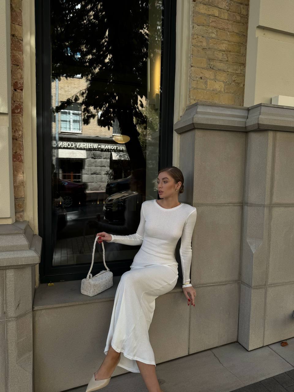 Силеэтное платье макси из ангоры молочного кольору 36093