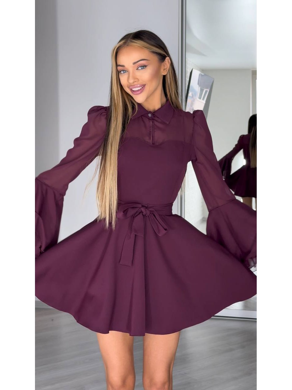 Сукня кліш з шифоновими рукавами бордового кольору 34443