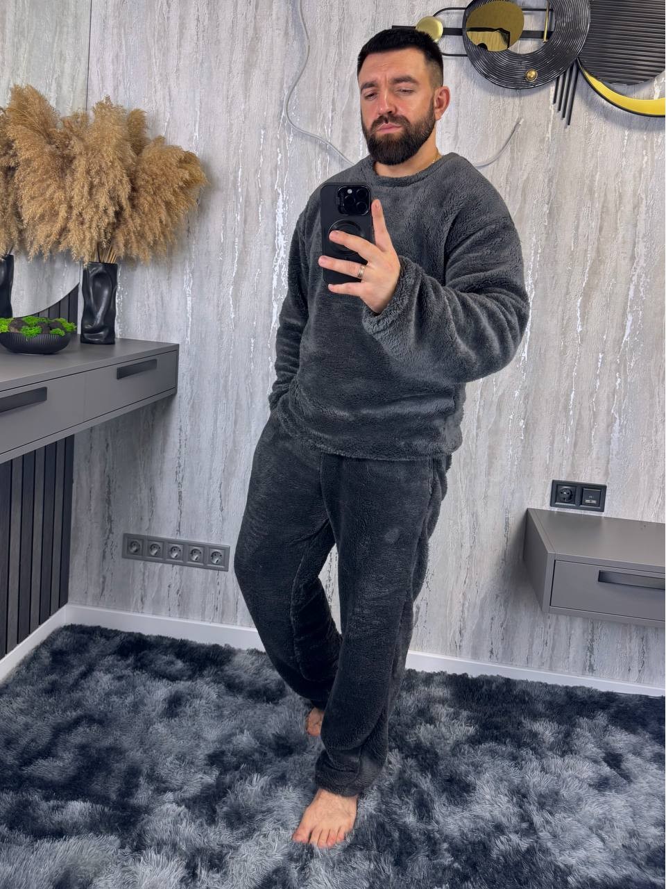 Теплий чоловічий домашнiй костюм графiтового кольору 36080