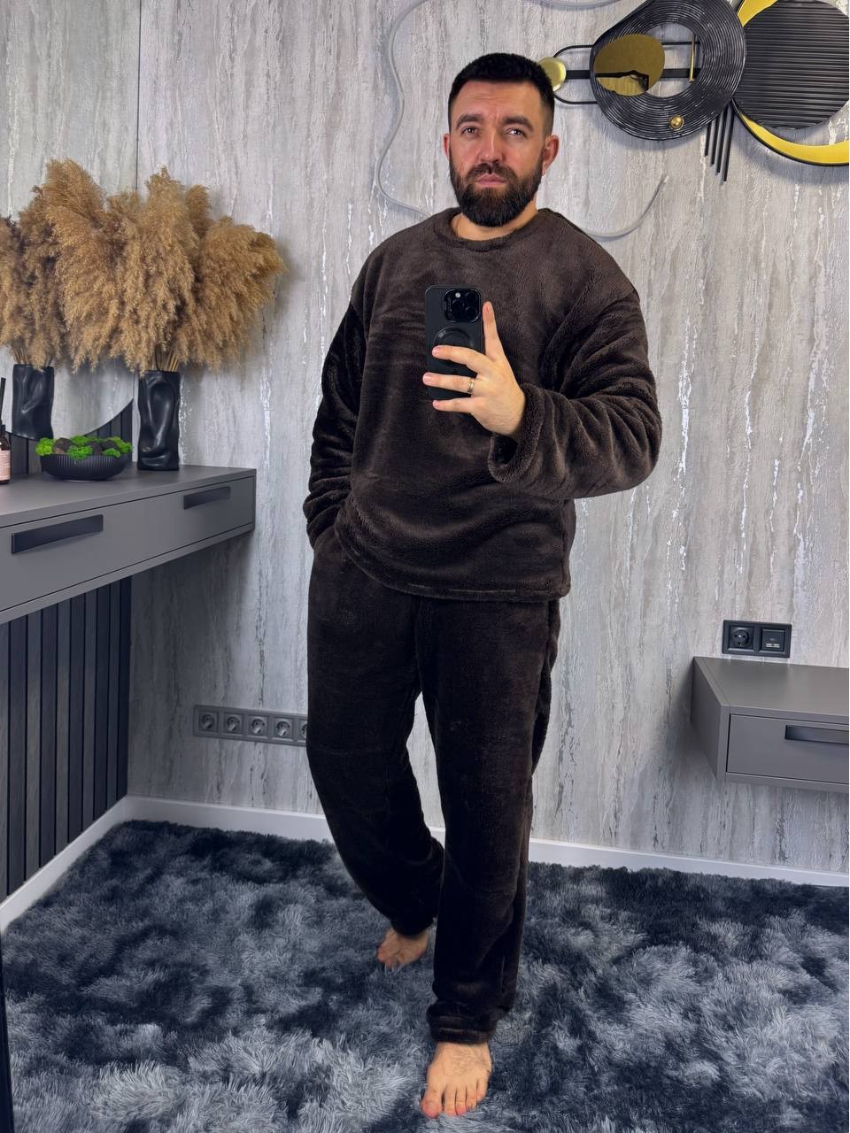 Теплый мужской домашний костюм коричневого цвета 36082