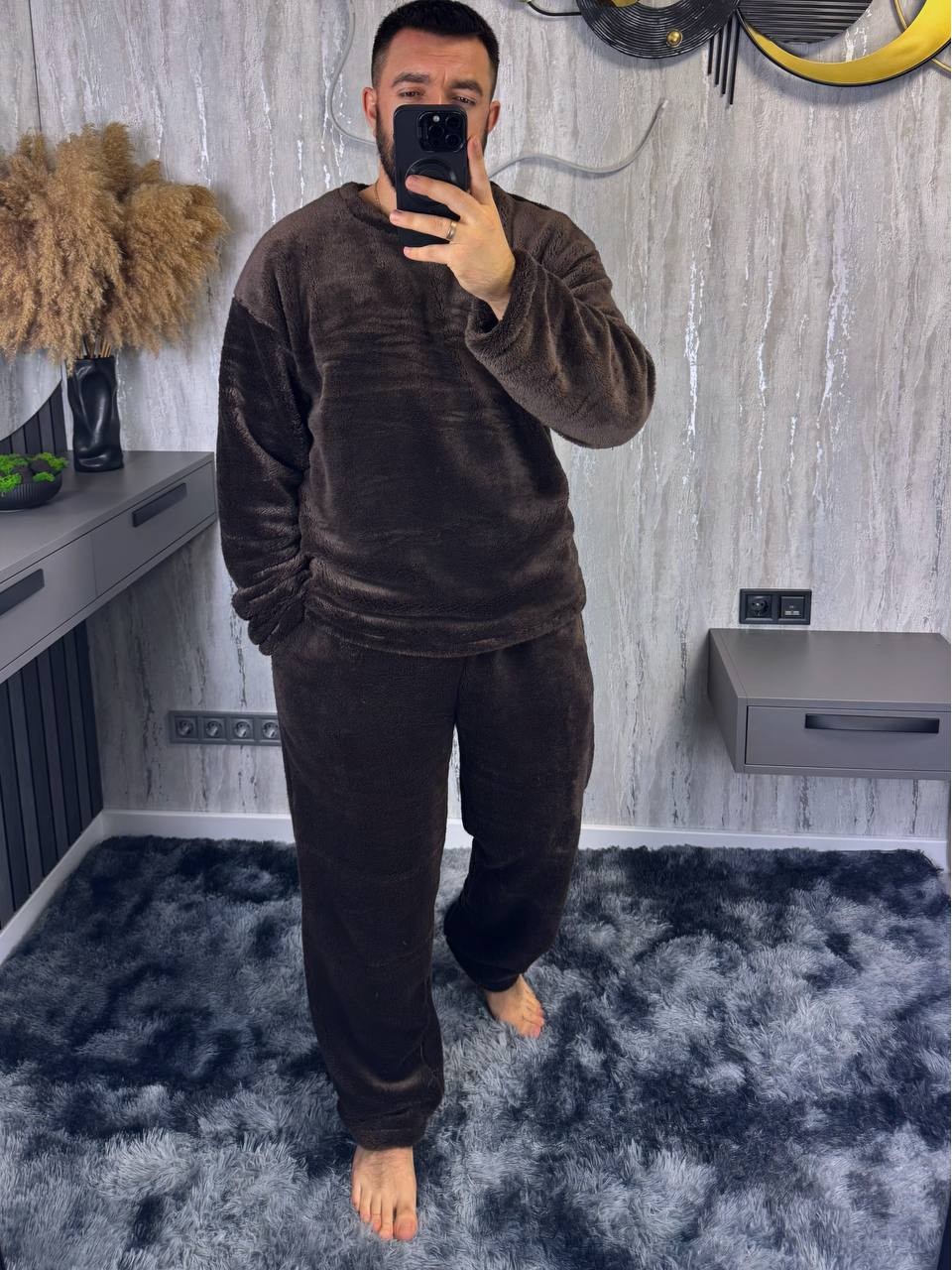 Теплый мужской домашний костюм коричневого цвета 36082