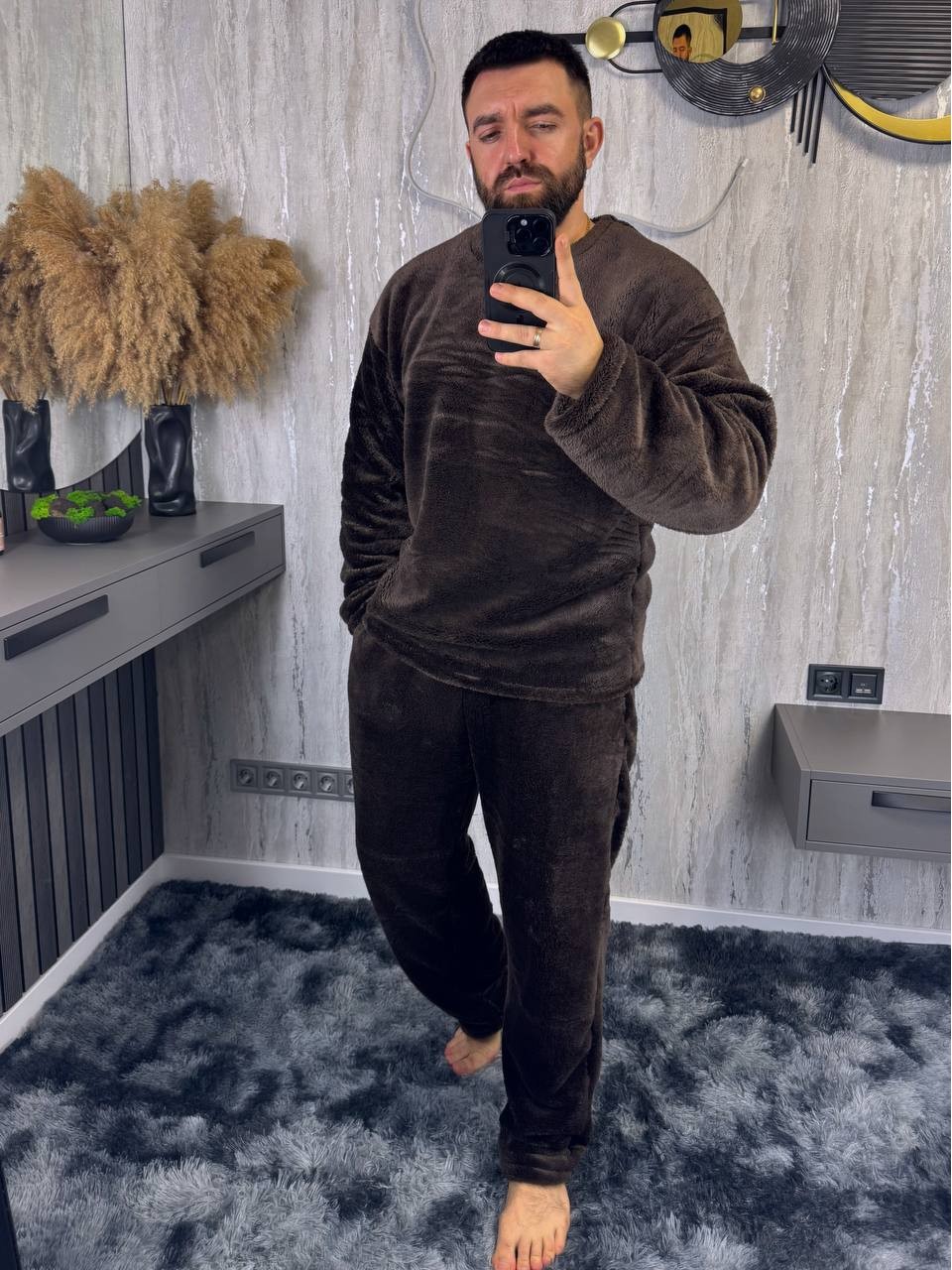 Теплый мужской домашний костюм коричневого цвета 36082