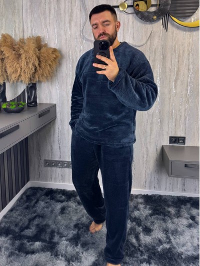 Теплий чоловічий домашнiй костюм синього кольору 36083