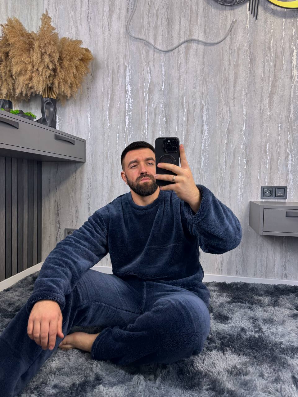 Теплий чоловічий домашнiй костюм синього кольору 36083