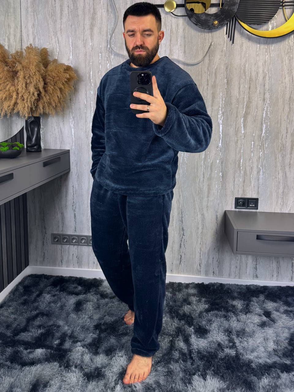 Теплий чоловічий домашнiй костюм синього кольору 36083