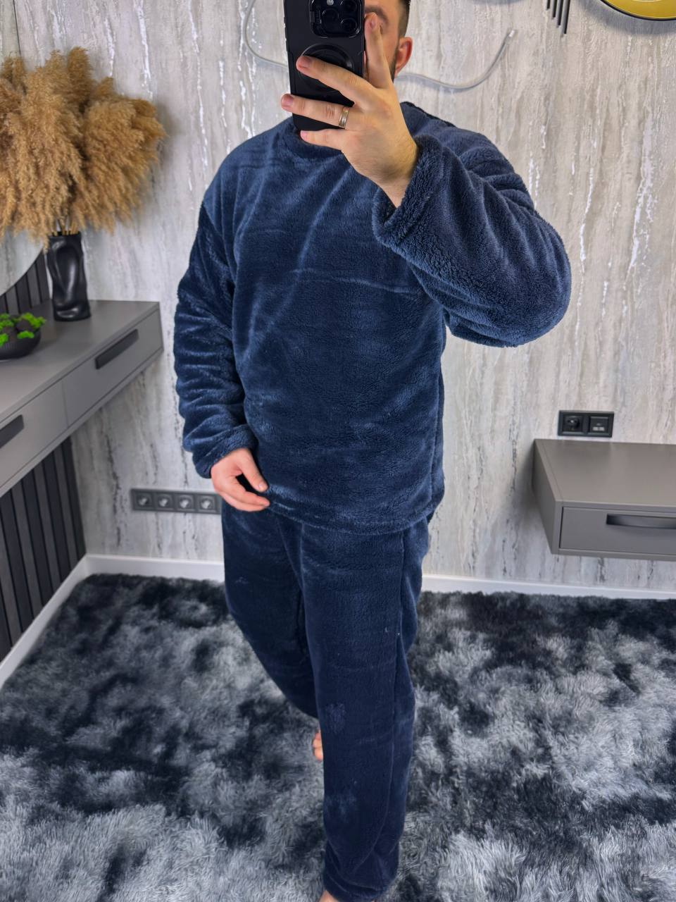 Теплий чоловічий домашнiй костюм синього кольору 36083