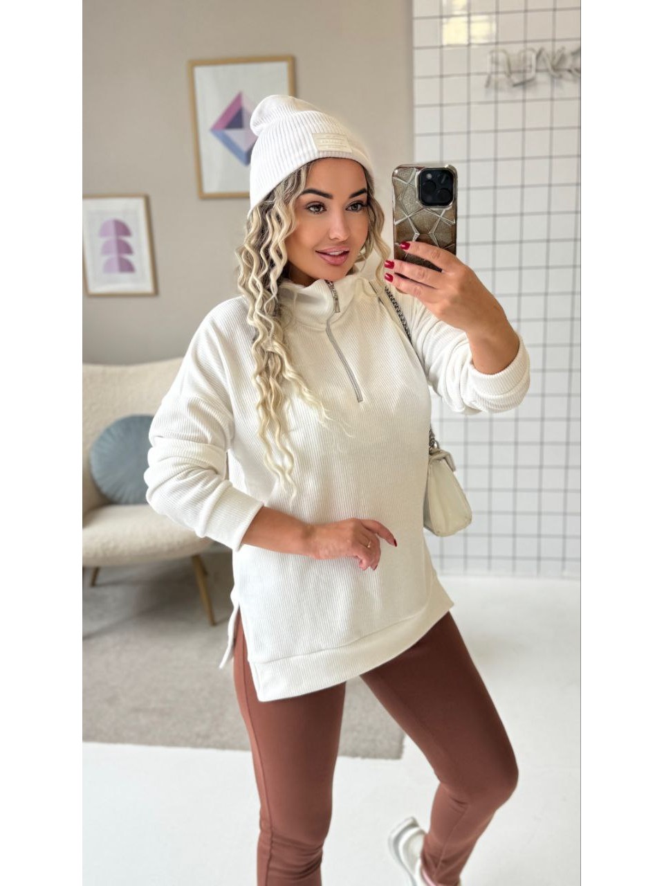 Теплий жiночий комплект лосiни+кофта молочного кольору 35823