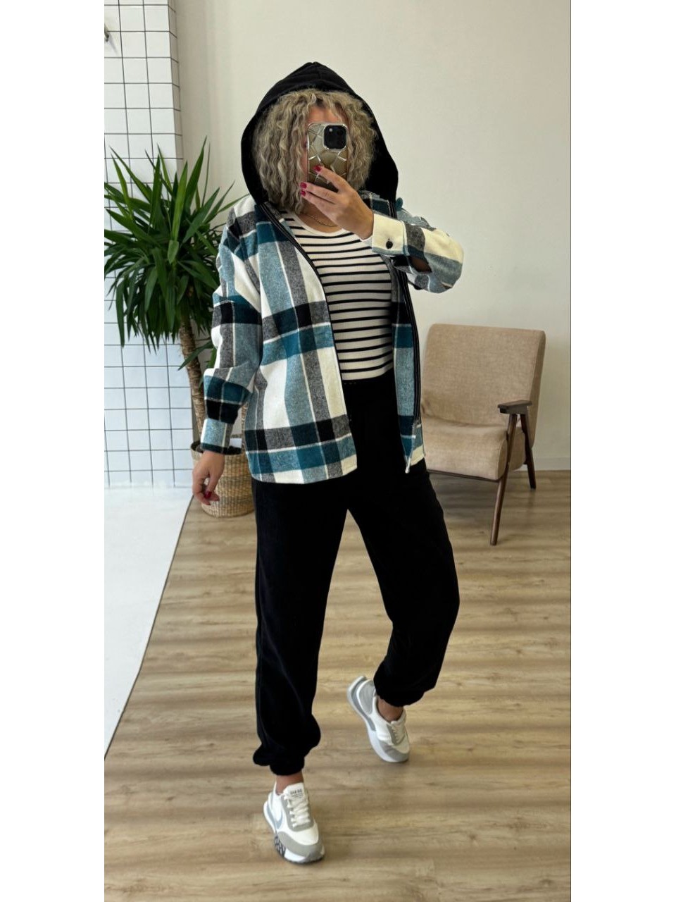 Теплый женский костюм рубашка+джоггеры бирюзового цвета 35819