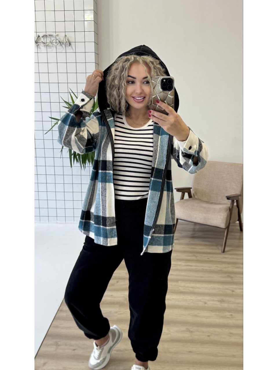 Теплый женский костюм рубашка+джоггеры бирюзового цвета 35819