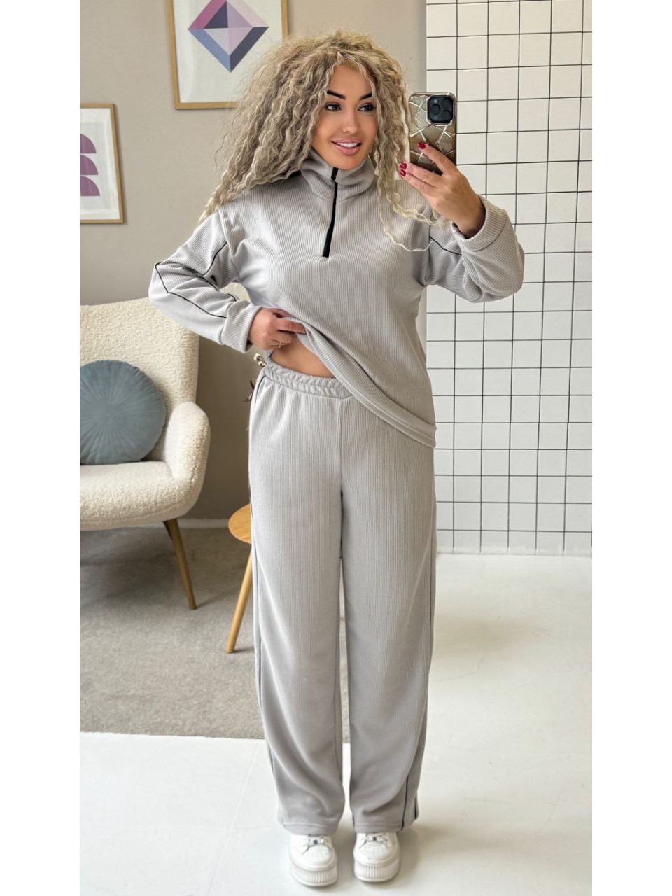 Теплый женский костюм из ангоры серого цвета 35826