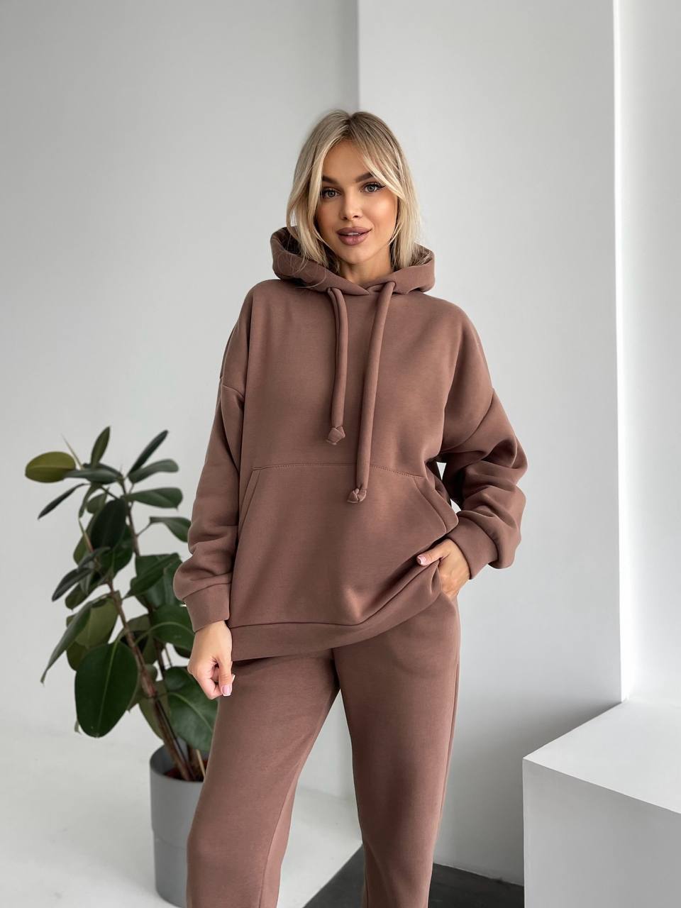 Теплий жіночий костюм з капюшоном кавового кольору 29398
