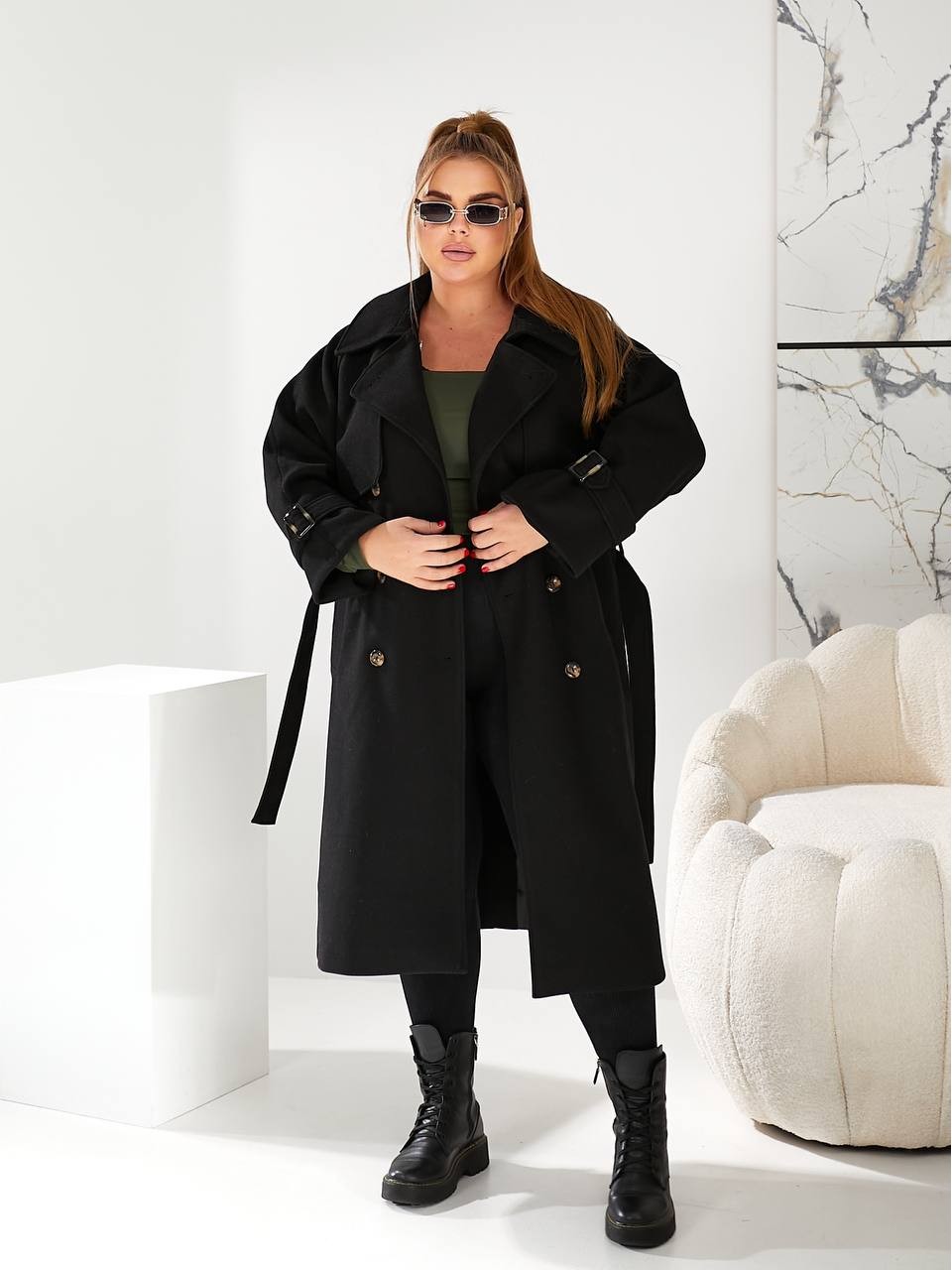 Теплое кашемировое пальто черного цвета 29657