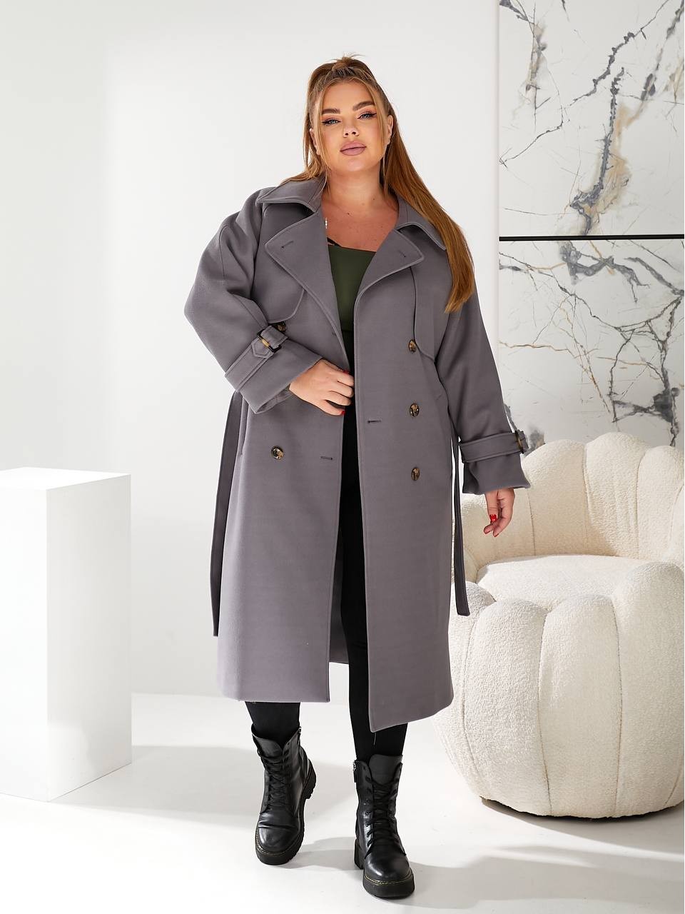 Тепле пальто кашемірове сiрого кольору 29660