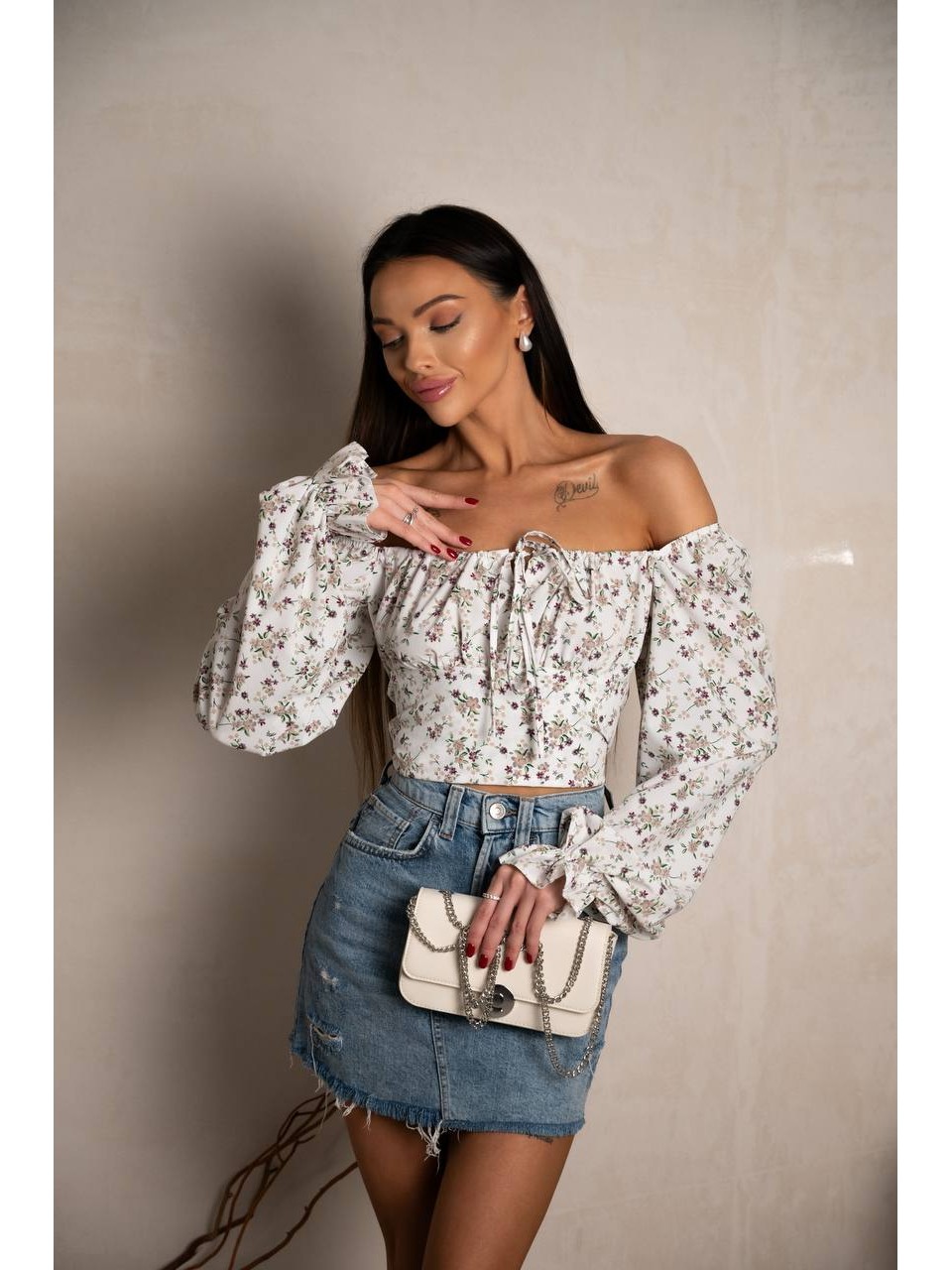 Топ с длинным рукавом на завязках молочного цвета 31558